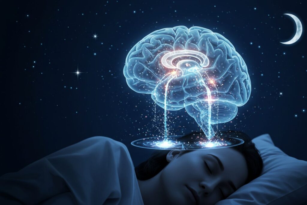夜空の下で眠る女性の頭上に浮かぶ青く光る脳、脳内を流れる光のラインが老廃物の浄化を示す。