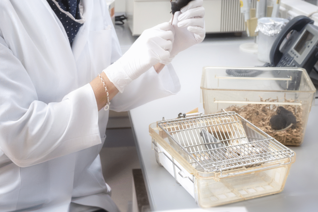 実験用マウスを扱う白衣姿の研究者。老化研究や成長ホルモンに関する実験のイメージ。