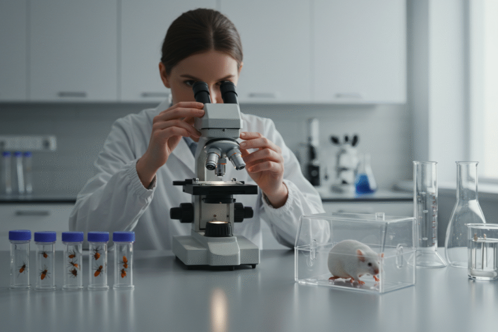 実験室で顕微鏡を覗く白衣の女性研究者。テーブルには実験用のショウジョウバエの入った試験管と透明ケースに入った白いマウスが並ぶ