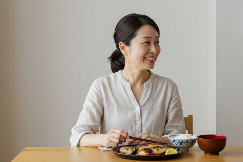笑顔で和食を食べる女性。体内時計に合わせた規則正しい食事のイメージ