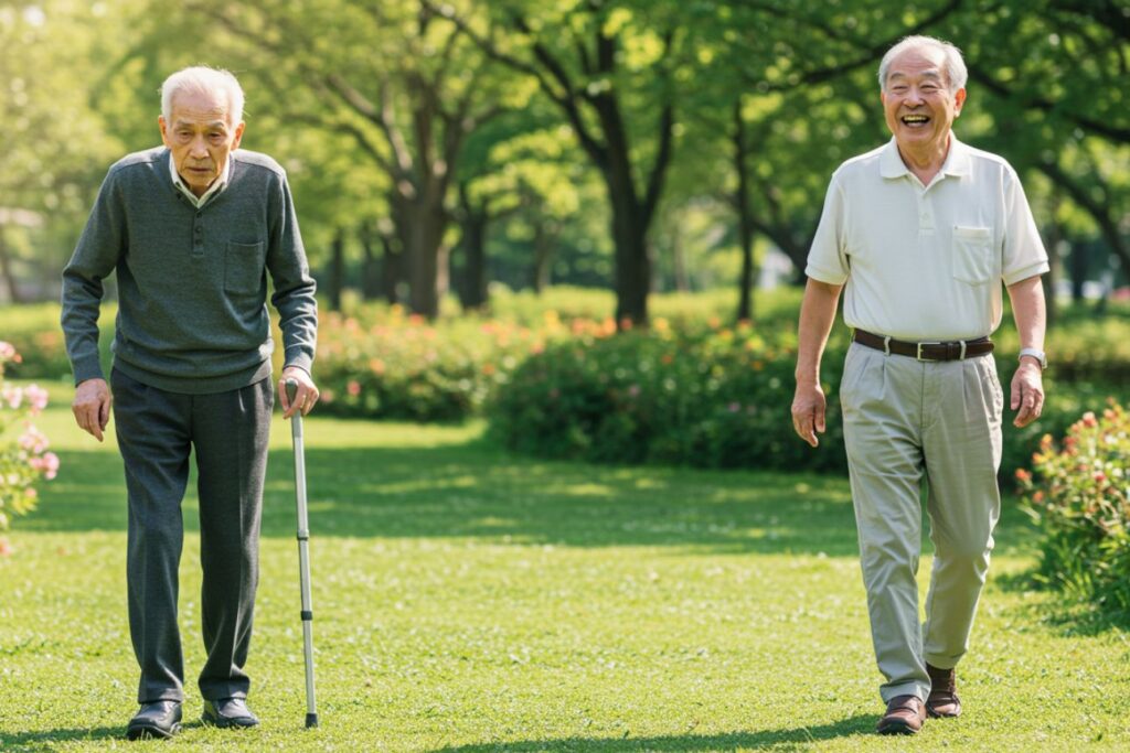公園を歩く二人の高齢男性。左は杖をつく虚弱な様子、右は笑顔で元気に歩く健康な様子。