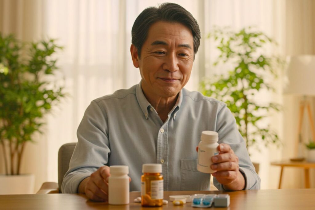 明るい室内で、複数の薬のボトルを手に穏やかに微笑む中年男性。老化研究や健康寿命の話題を象徴する、未来への希望を感じさせるシーン
