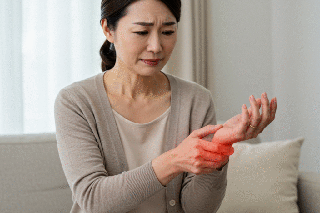 手首の痛みを訴え、手首を押さえる中年女性。手首部分が赤く光り、炎症を示唆している。室内で座っている様子で、軽い苦痛の表情を浮かべている。