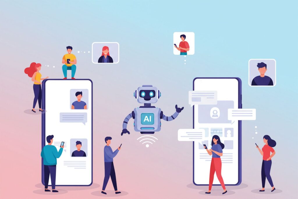 AIチャットボットとスマートフォンで会話する複数のユーザーを描いたイラスト