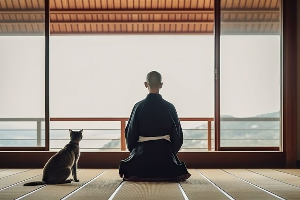 座禅を組む僧侶と隣に座る猫、禅の静寂と日常の共存を描く風景