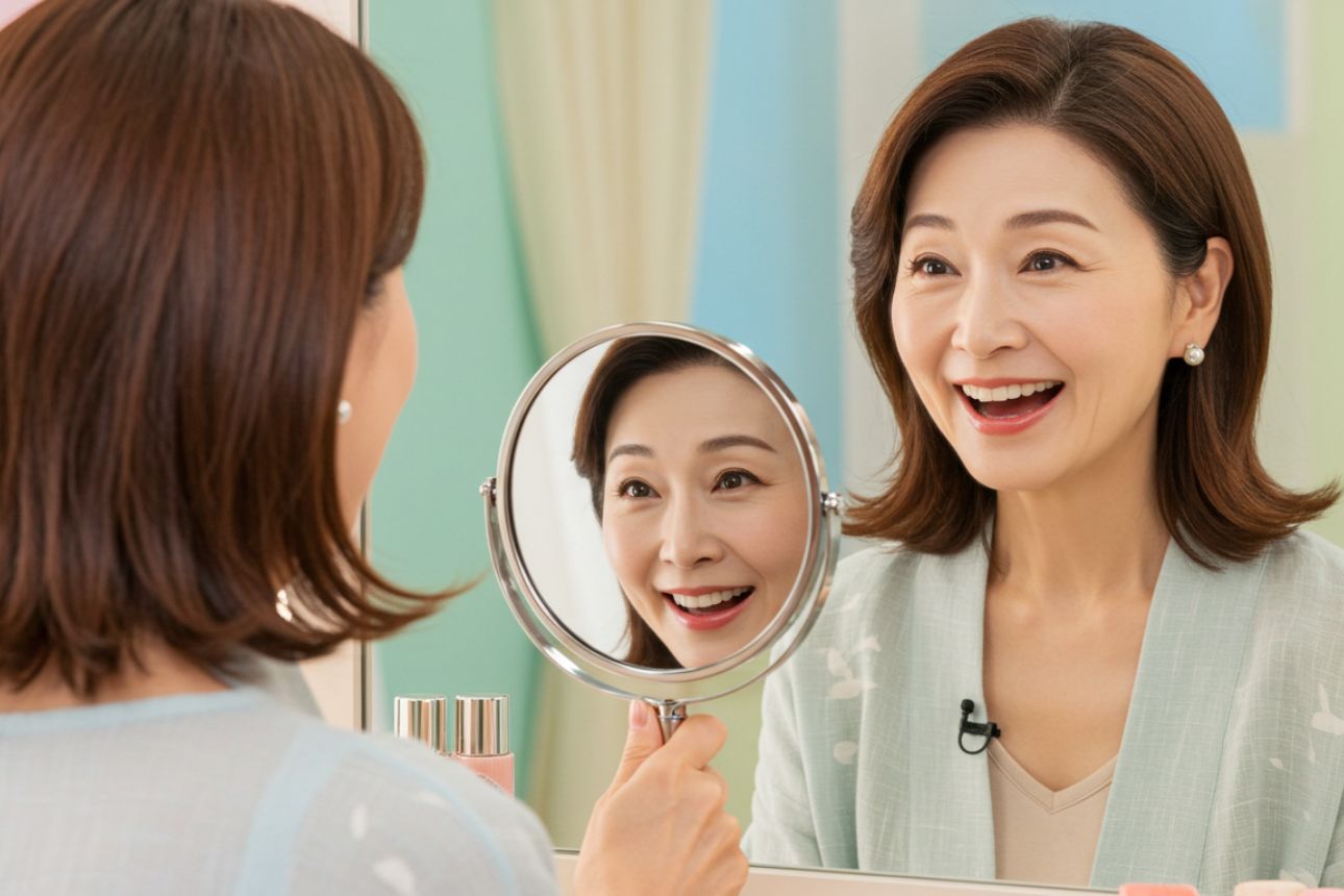 鏡に映る自分を見て笑顔になる50代女性。若々しい肌と嬉しそうな表情が特徴。