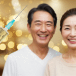 成長ホルモン注射と若々しく笑顔を見せる中年男女のイメージ。アンチエイジングや若返り治療を象徴するビジュアル。