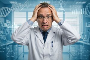 頭を抱えて困惑する白衣の研究者、背景にDNAや化学式のイラスト。