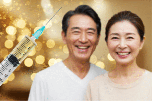 成長ホルモン注射と若々しく笑顔を見せる中年男女のイメージ。アンチエイジングや若返り治療を象徴するビジュアル。