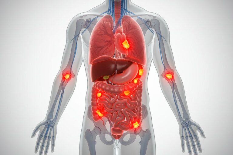 人体の各臓器や関節に炎症が発生しているイメージ図。老化に伴う慢性炎症を示すビジュアル