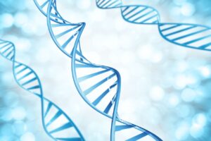 青いDNAの二重らせん構造が背景に輝くイメージ。遺伝子やエピジェネティクス研究の象徴。