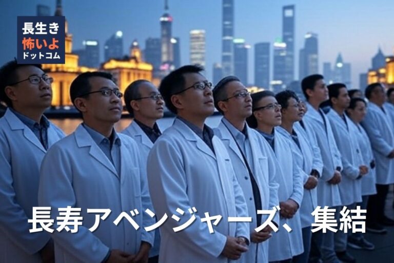都市の高層ビル群を背景に、白衣を着た研究者チームが横一列に並んでいる様子