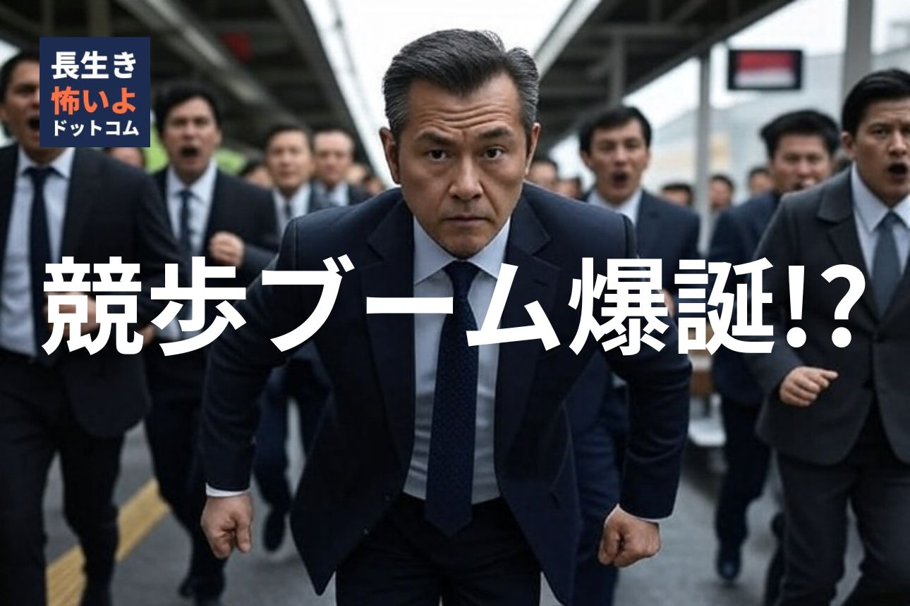 スーツ姿の男性たちが真剣な表情で駅のホームを競歩する様子、先頭の男性が力強く腕を振り前進している