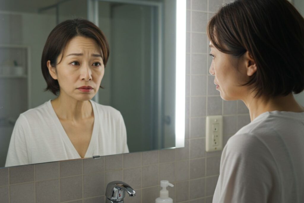 鏡に映る自分の顔を見て、老化の兆候にため息をつく中年女性。