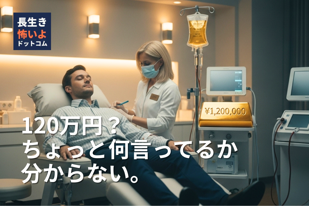 点滴治療を受ける男性と看護師。点滴バッグの横に「¥1,200,000」と表示されているCGイメージ