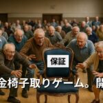 広いホールで高齢者たちが「保証された年金」と書かれた椅子を奪い合う椅子取りゲームの様子