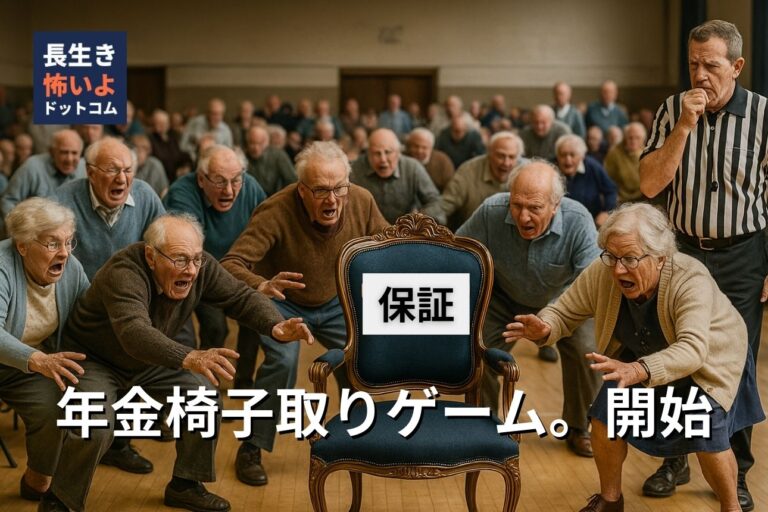 広いホールで高齢者たちが「保証された年金」と書かれた椅子を奪い合う椅子取りゲームの様子