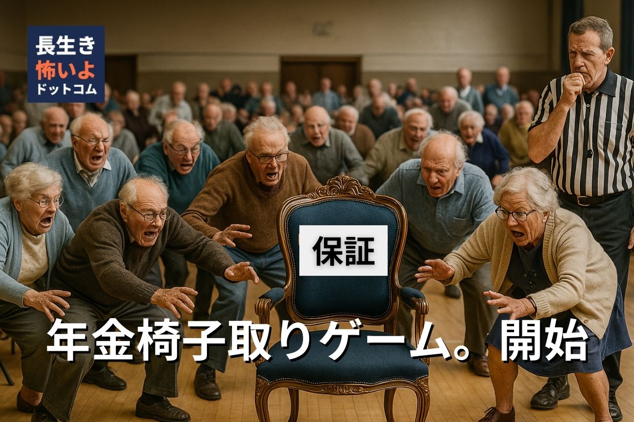 広いホールで高齢者たちが「保証された年金」と書かれた椅子を奪い合う椅子取りゲームの様子