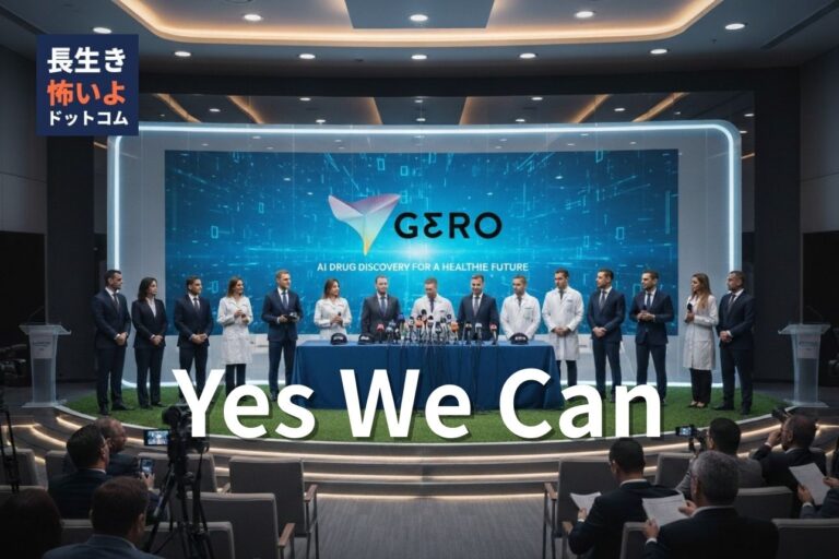 AI創薬ベンチャー「Gero」の記者会見で壇上に立つ研究者と経営陣、背後に企業ロゴが映し出されている様子