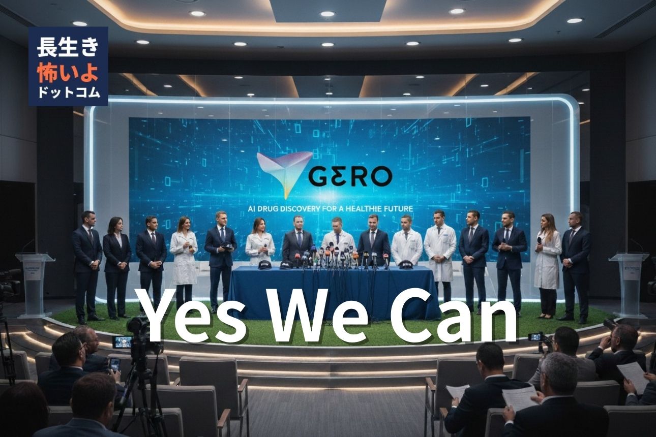 AI創薬ベンチャー「Gero」の記者会見で壇上に立つ研究者と経営陣、背後に企業ロゴが映し出されている様子