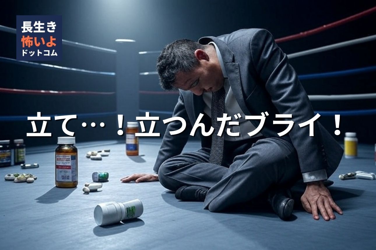 スーツ姿の起業家がボクシングリングのコーナーでうなだれ、周囲に健康サプリのボトルが散乱している様子。「立て…!立つんだブライ!」というテキスト入りの風刺的ビジュアル