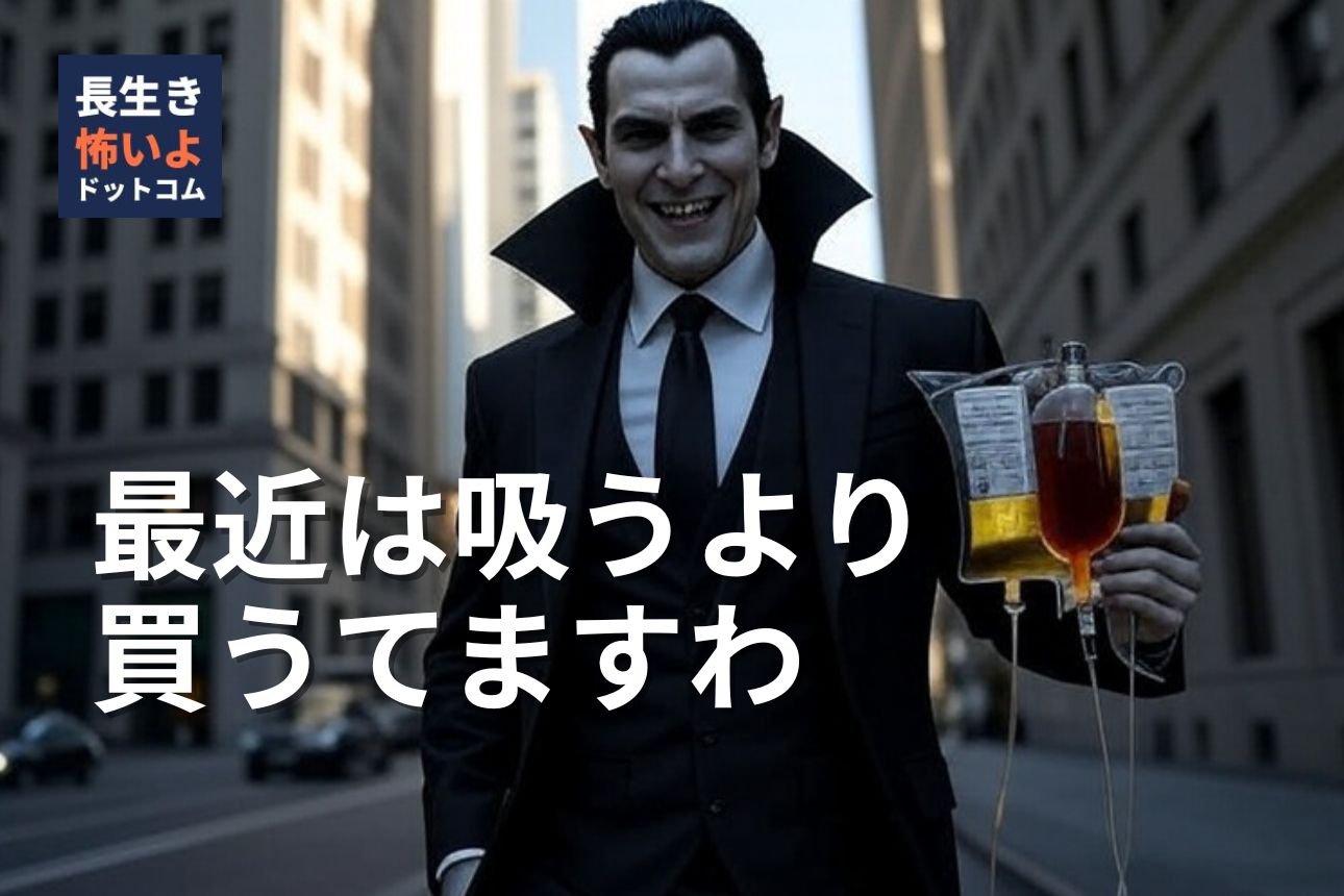 ウォール街で、スーツ姿の現代的なドラキュラが、血漿の入った輸血パックを手に、自信に満ちた笑みを浮かべている。血漿治療ビジネスの巨大市場と、その黒幕をユーモラスに風刺した一枚。