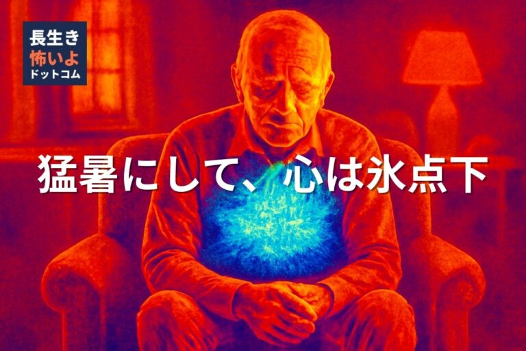 猛暑で真っ赤に染まった室内にいる高齢男性のサーモグラフィ風画像。胸の部分だけ青く氷点下を示し、孤独感と危険を表現している。