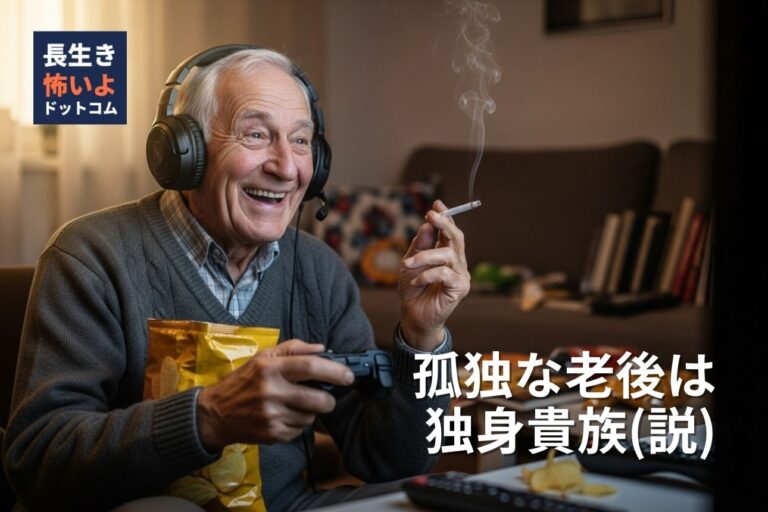ゲームコントローラーを持ちながら、ヘッドセットをつけて笑顔で遊ぶ高齢男性。片手にはタバコ、膝の上にはポテトチップスの袋。