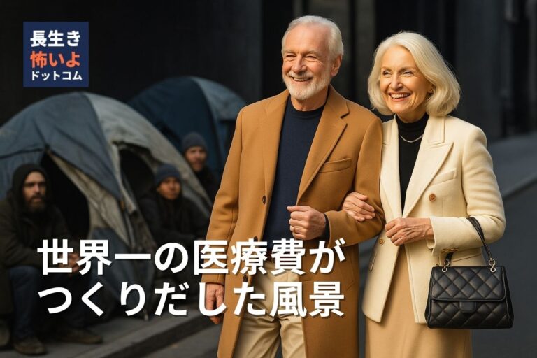 高級なコートを着た老夫婦が腕を組んで歩いており、その後ろにはホームレスの人々が座るテントが並んでいる様子