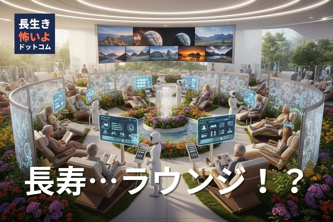 近未来のビバリーヒルズ風ラウンジで高齢者がAIロボットと共に長寿と健康データを共有しながら談笑する様子