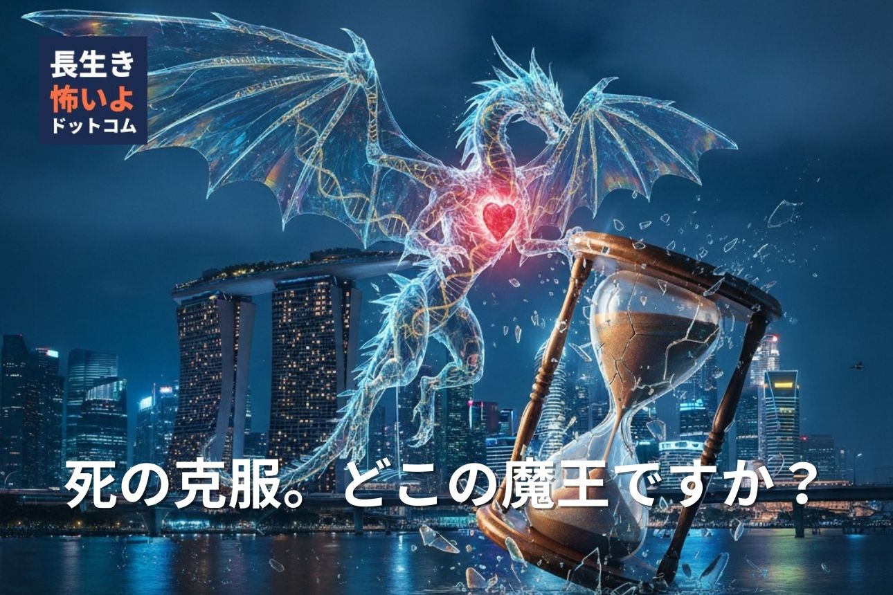 透明で神秘的な不老不死のドラゴンが、砕けた砂時計とシンガポールの夜景を背景に宙を舞い、永遠の命を象徴する光を放つ様子