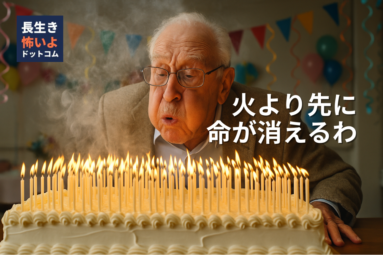 104歳のおじいちゃんが巨大なバースデーケーキに立てられた104本のろうそくを必死に吹き消そうとしている様子。煙が立ち込め、パーティー装飾に囲まれたユーモラスな光景。