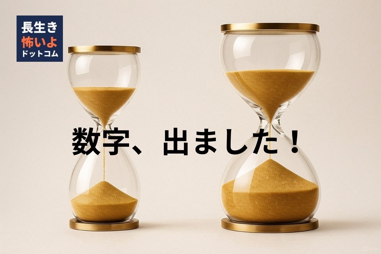 金色の砂が入った2つの砂時計。右側の砂時計は左より少し大きく、寿命3年分の差を表現している。