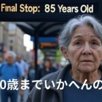街中のバス停に停まるバス。行き先表示パネルには「終点：85歳」と書かれており、驚いた表情の高齢男性がバス停で立ち尽くしている。