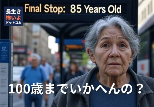 街中のバス停に停まるバス。行き先表示パネルには「終点：85歳」と書かれており、驚いた表情の高齢男性がバス停で立ち尽くしている。