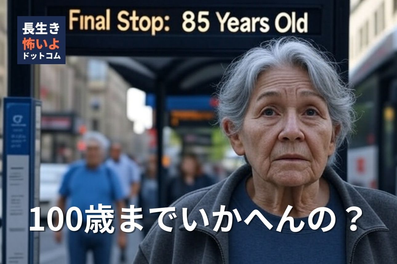 街中のバス停に停まるバス。行き先表示パネルには「終点:85歳」と書かれており、驚いた表情の高齢男性がバス停で立ち尽くしている。