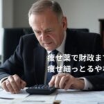 スーツ姿の男性がオフィスで電卓を使いながら深刻そうに財務計算をしている様子。財政問題や経済記事のイメージ写真