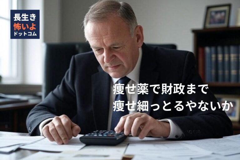 スーツ姿の男性がオフィスで電卓を使いながら深刻そうに財務計算をしている様子。財政問題や経済記事のイメージ写真