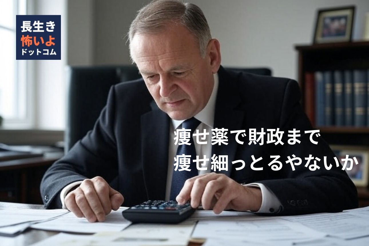 スーツ姿の男性がオフィスで電卓を使いながら深刻そうに財務計算をしている様子。財政問題や経済記事のイメージ写真