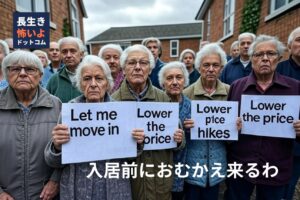 高齢者たちが住宅費高騰に抗議するプラカードを掲げ、住宅街で真剣な表情を見せている