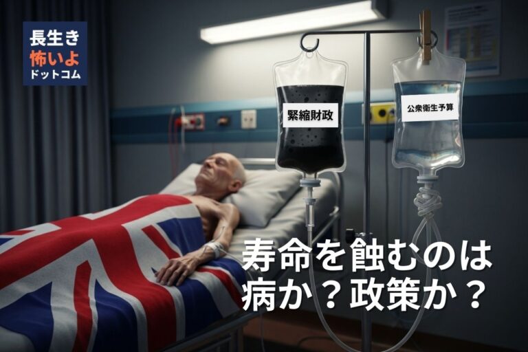 イギリスの緊縮財政による医療費削減を象徴する画像。高齢者が病床で『緊縮』と『公衆衛生予算』の点滴につながれている
