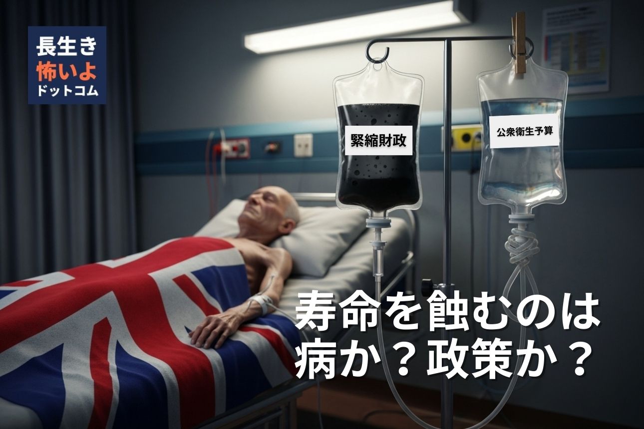 イギリスの緊縮財政による医療費削減を象徴する画像。高齢者が病床で『緊縮』と『公衆衛生予算』の点滴につながれている