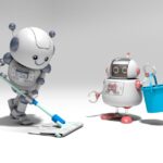 モップで床掃除をするロボットと、青いバケツを持つロボット