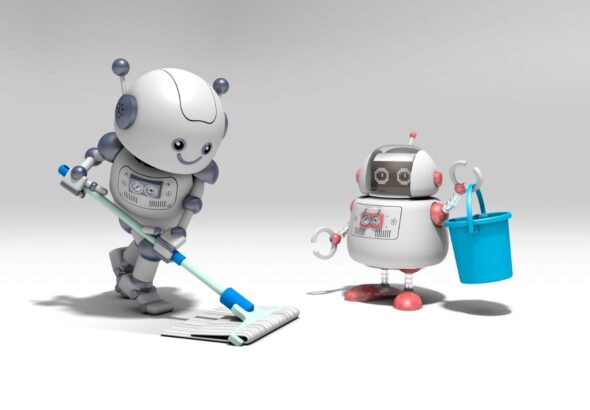 モップで床掃除をするロボットと、青いバケツを持つロボット
