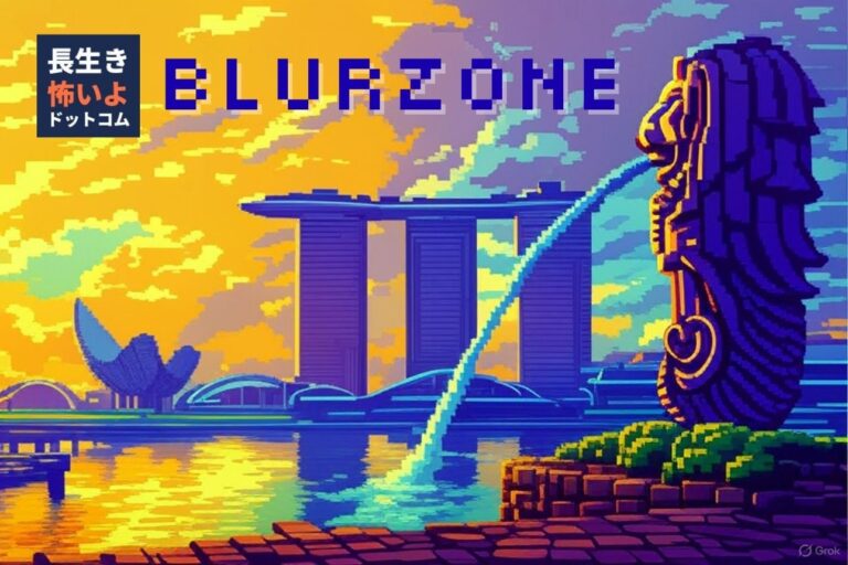 マーライオン像が水を吐き出し、背景には夕焼け色に染まるマリーナベイサンズがそびえる。水面にはオレンジと紫が混ざった光が揺れ、観光客のシルエットが橋の上に並ぶ