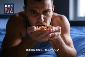 男性がベッドの上で両手いっぱいのカラフルな錠剤を見つめる室内の様子