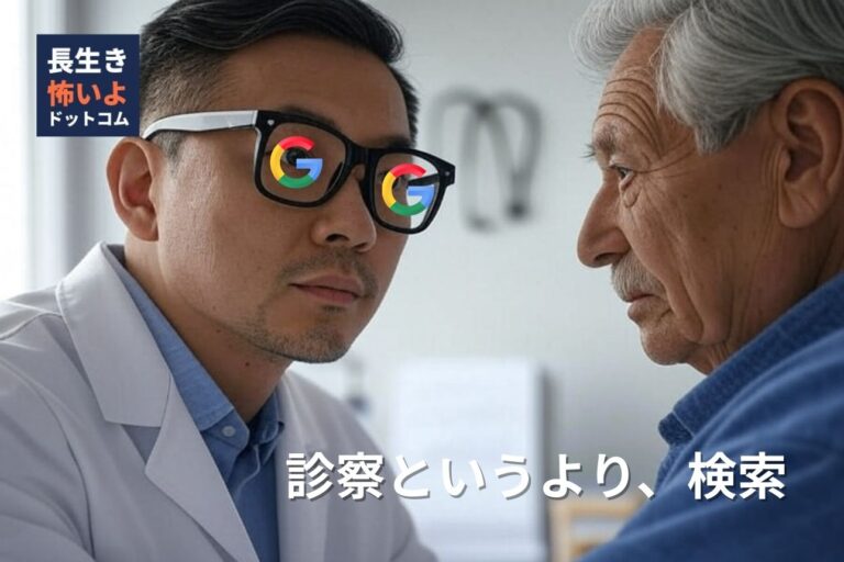 眼鏡にGoogleのロゴが映った医師が患者を見つめている様子。キャッチコピー『診察というより、検索』と長生き怖いよドットコムのロゴ