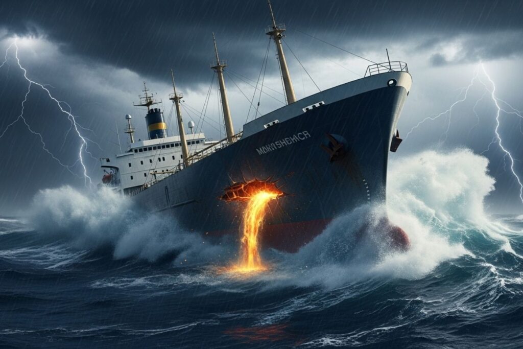 嵐の中、船体に大きな穴が空き、沈没の危機に直面している巨大な船。国家や企業の危機を象徴するシーン