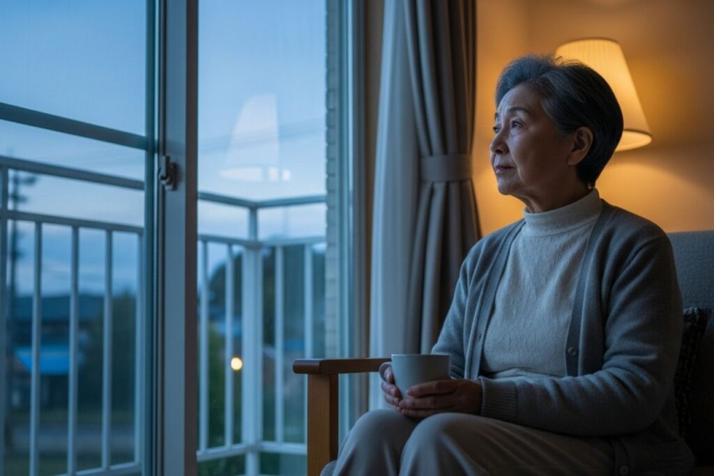 窓の外を一人で静かに見つめる高齢女性。夕暮れの柔らかな光が室内を照らし、少し寂しげな表情が印象的なシーン。