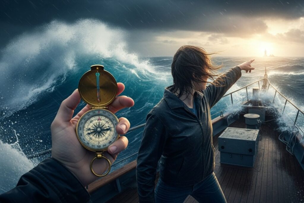 荒波の中、羅針盤を手に持ち、水平線の目的地を力強く指し示す女性。嵐の中で進むべき方向を示す象徴的な構図